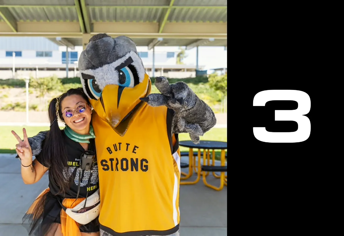 New Student Apply Now Step 3: Butte College Student poses with Dash Mascot