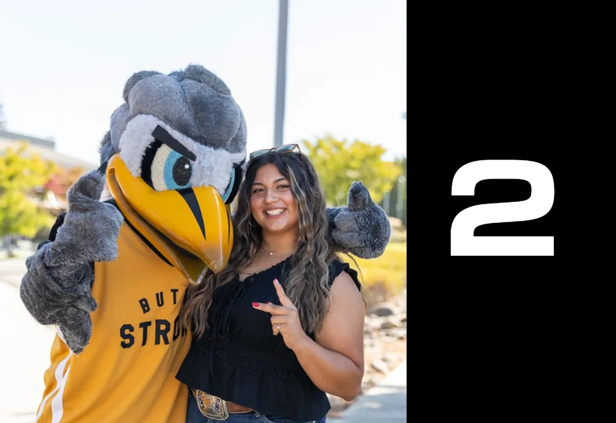 New Student Apply Now Step 2: Butte College Student poses with Dash Mascot