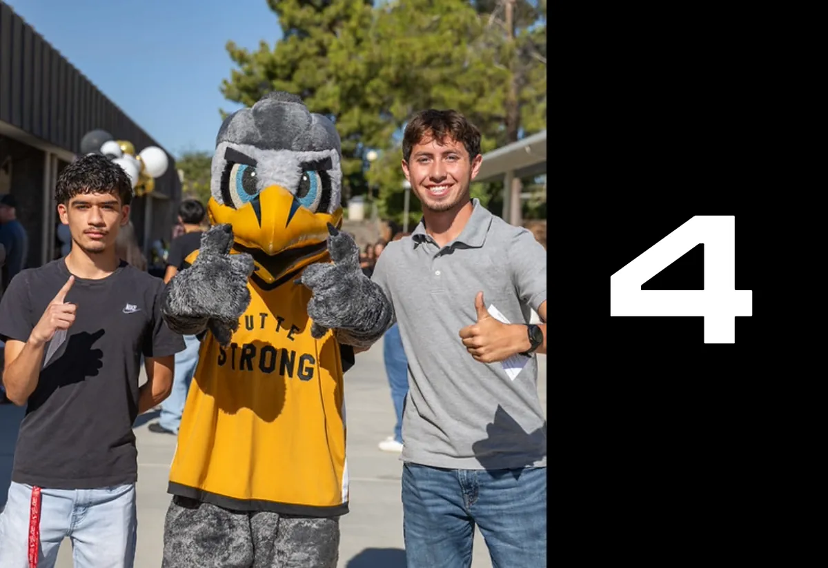New Student Apply Now Step 4: Butte College Student poses with Dash Mascot