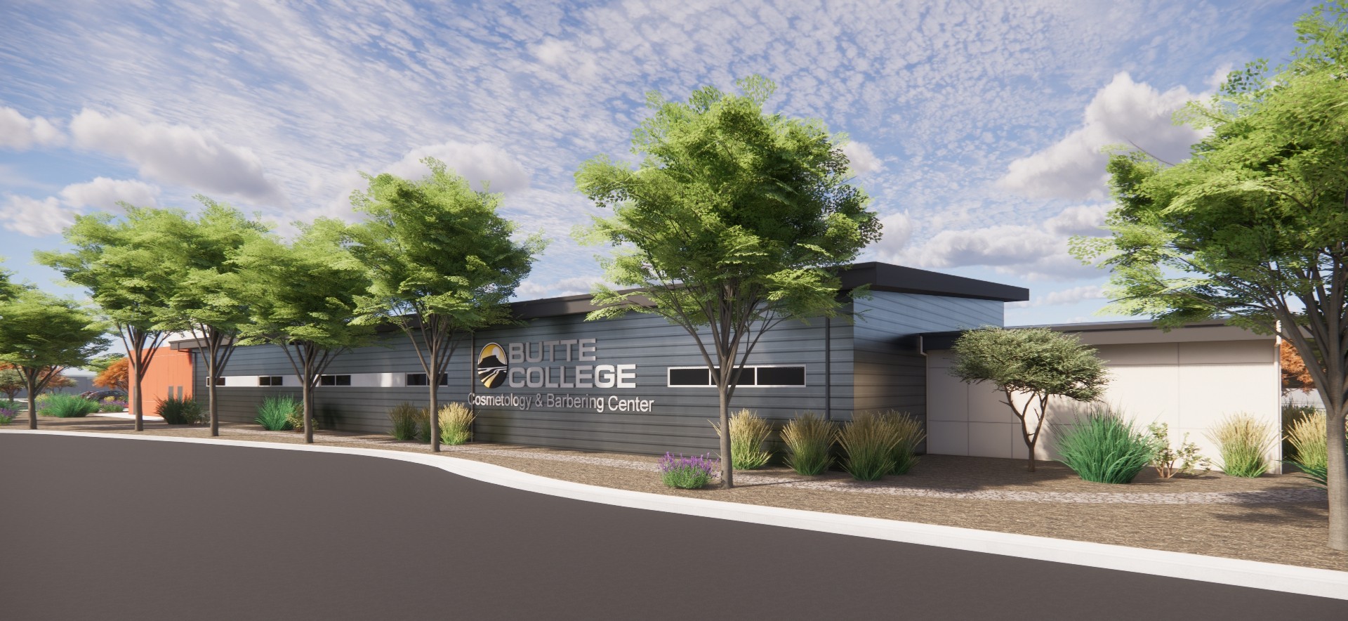 An architectural rendering of the future cosmetology building.
