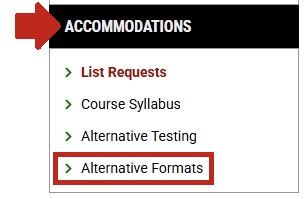 Arrow pointing to Accommodations section with Alternative Formats option highlighted.