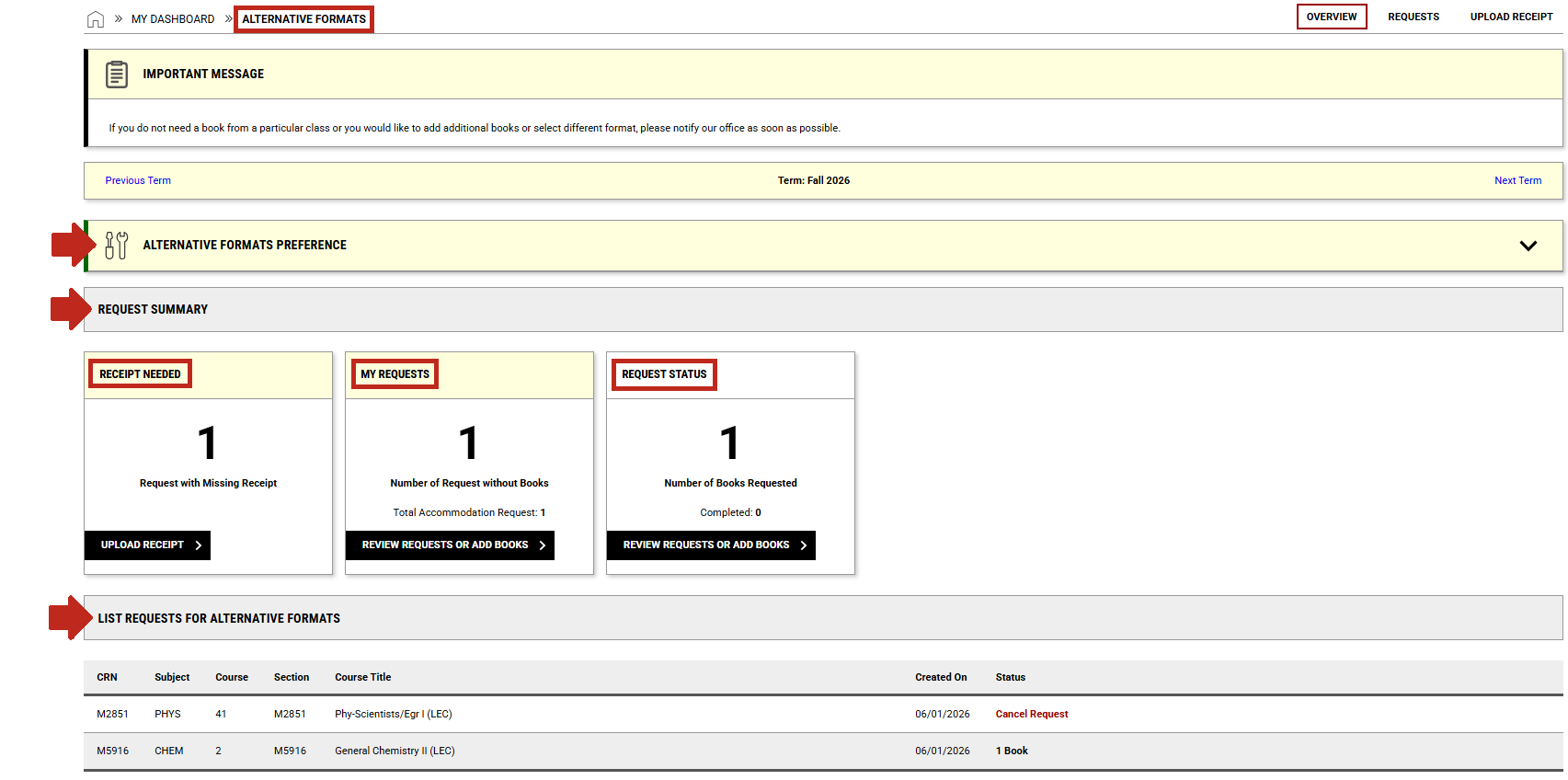Alternative Formats page title highlighted, arrows pointing to Alternative Formats Preference drop-down menu, Request Summary section, List Requests for alternative formats section, with Receipt Needed, My Requests, and Request Status highlighted.