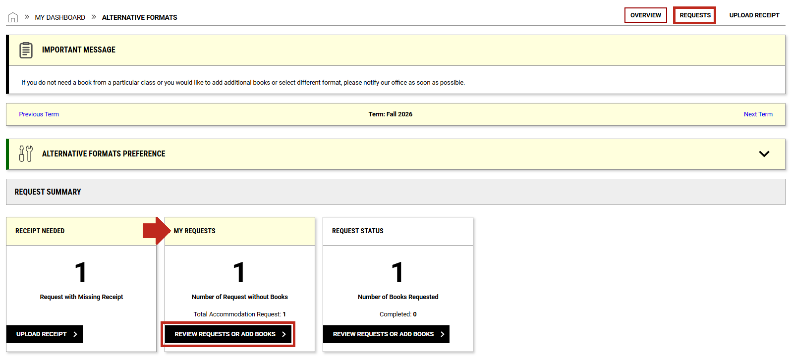 Alternative Formats page with arrow pointing to My Requests section and Review Requests button and Request button at the top right of the page highlighted.