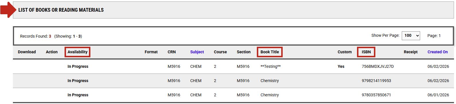 Arrow pointing to List of Books Or Reading Materials section with Availability, Book Title, and ISBN highlighted.