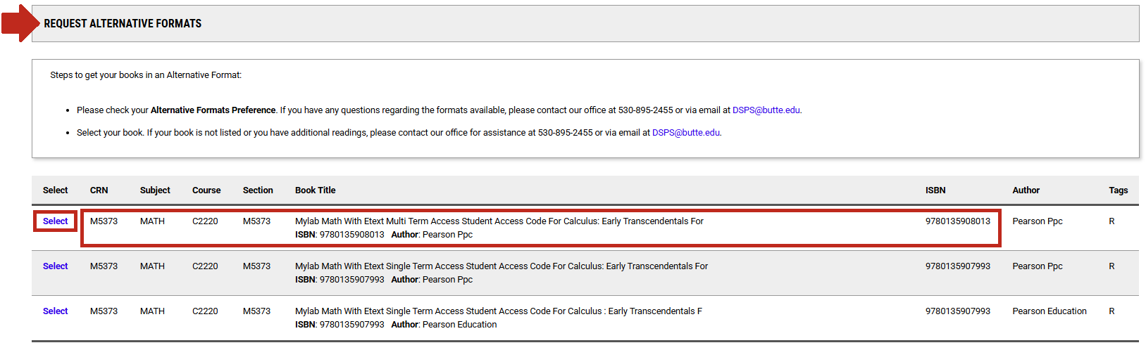 Arrow pointing to Request Alternative Formats section with Select button and corresponding textbook option highlighted. 
