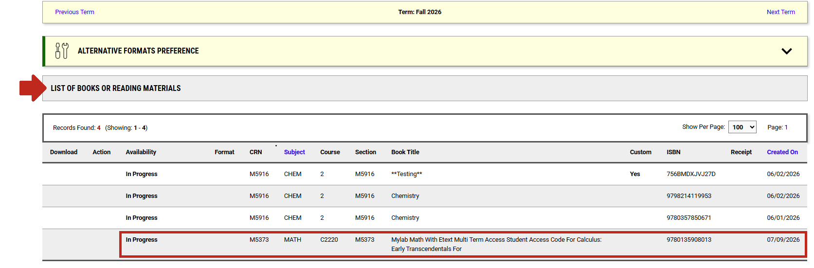 Arrow pointing to List of Books or Reading Material section with selected book now added to the list, highlighted.