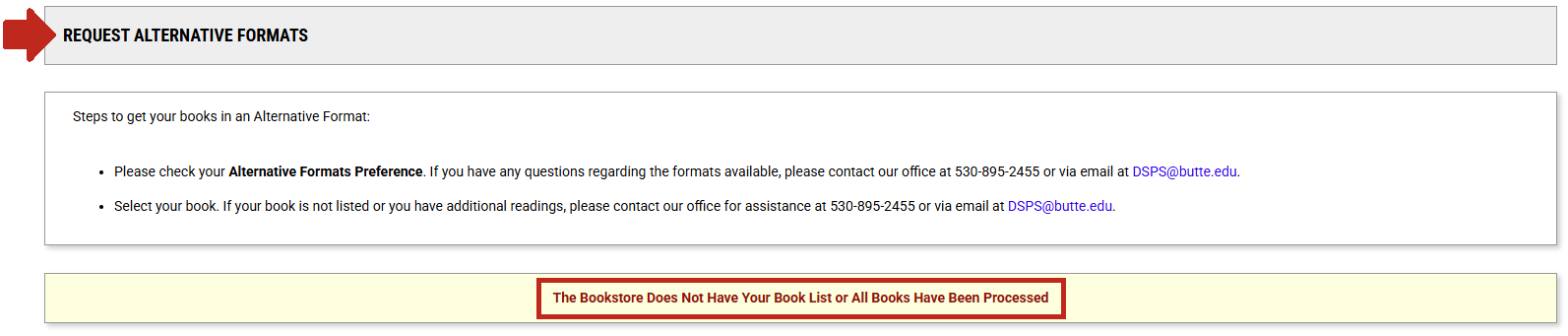 Arrow pointing to Request Alternative Formats section with The Bookstore Does Not Have Your Book List or All Books Have Been Processed message highlighted.