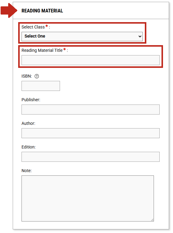 Arrow pointing to Reading Material section title with Select Class: drop-down menu and Reading Material Title: text box highlighted.
