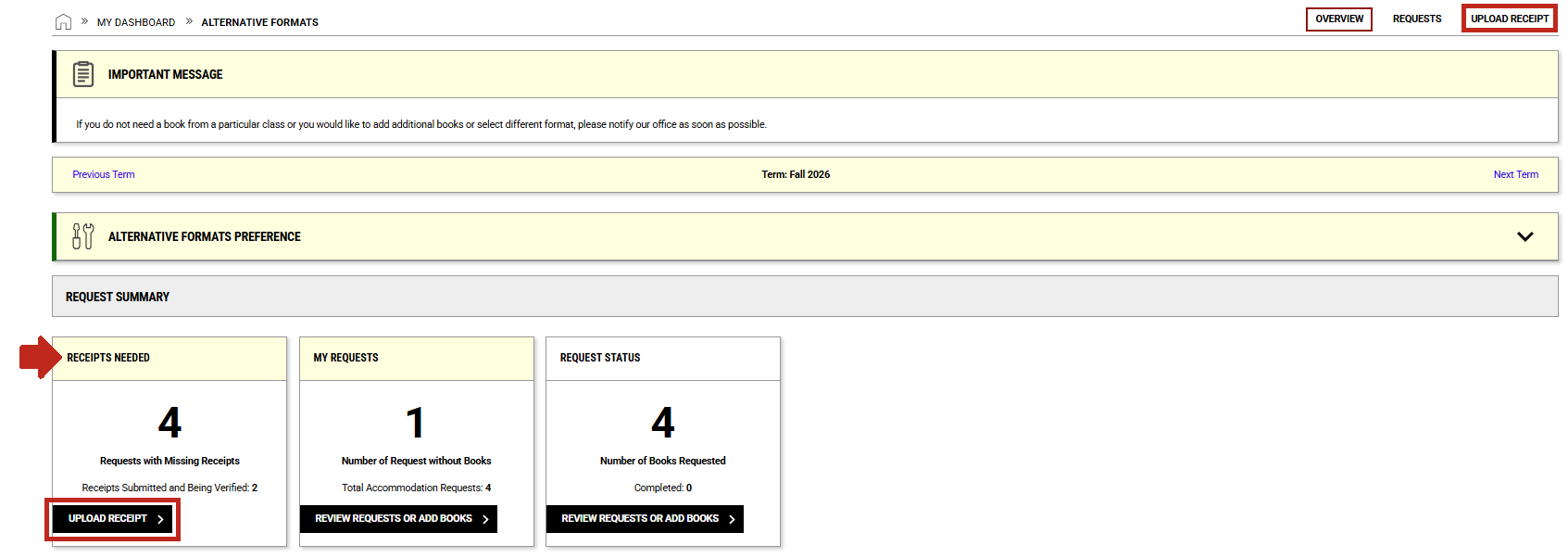 Arrow pointing to Receipts Needed section with Upload Receipt button within the section and the Upload Receipt button at the top right corner of the page, highlighted.