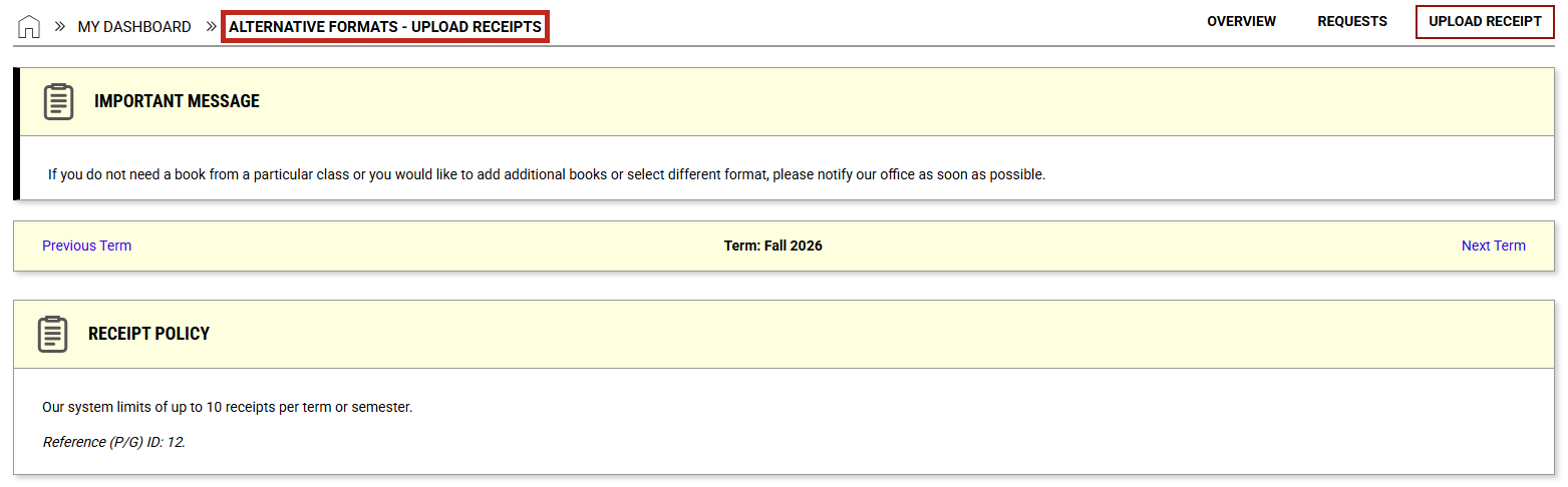 Alternative Formats - Upload Receipt title highlighted. 