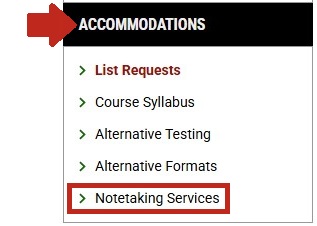 Arrow pointing to the accommodations section with the notetaking services option highlighted