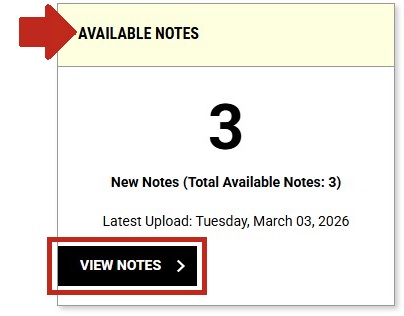 Arrow pointing to available notes section title with view notes button highlighted
