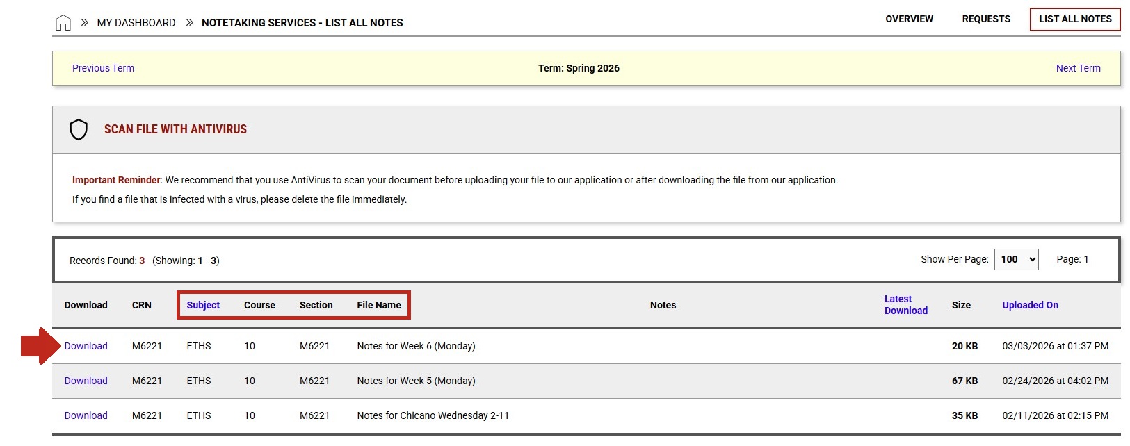 List of files of notes that have been uploaded with the term they are from, and the subject, course, section, and file name highlighted. As well as an arrow pointing to download button.