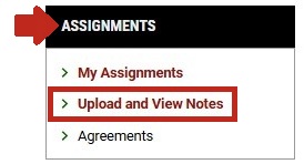 Arrow pointing to Assignments menu with Upload and View Notes option highlighted. 