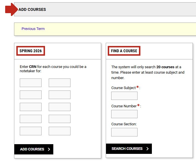 Arrow pointing to Add Courses section with the semester subsection and Find a Course subsection highlighted. 