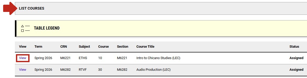 Arrow pointing to List Courses section with the View button highlighted. 
