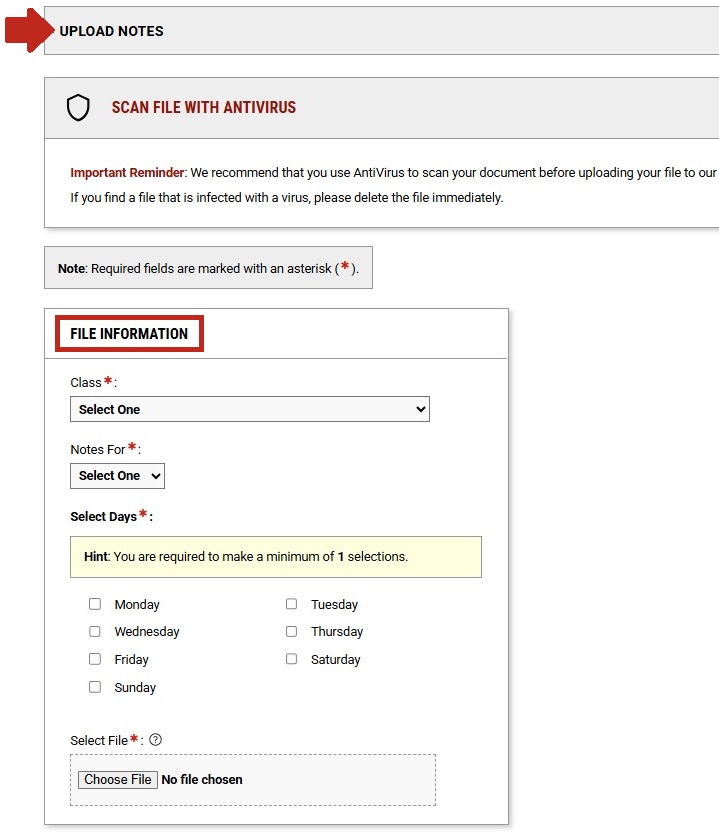 Arrow pointing to Upload Notes section with File Information subsection highlighted. 