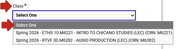 Arrow pointing to Class subsection with another arrow pointing to the drop-down menu below it. 