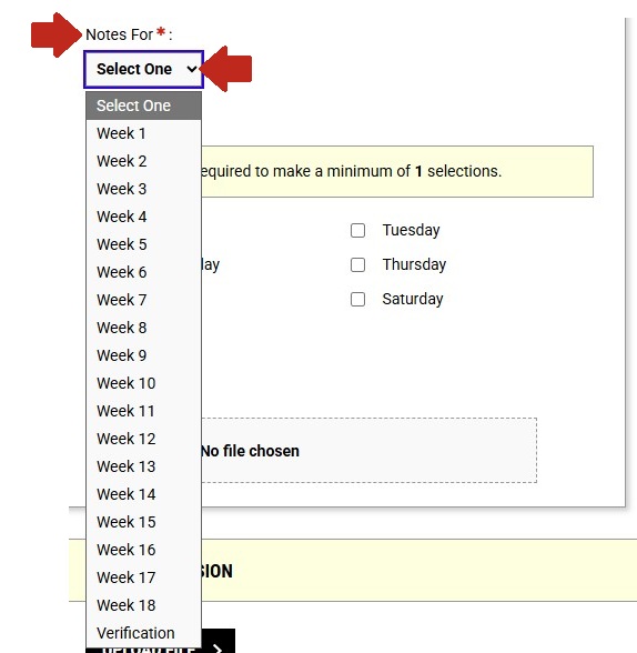 Arrow pointing to Notes For: subtitle with another arrow pointing to the drop-down menu below it. 