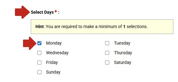 Arrow pointing to Select Days: subtitle with another arrow pointing to a check box option. 