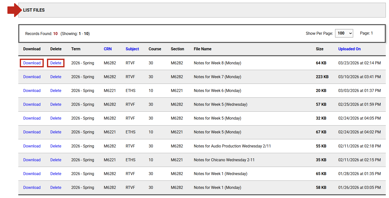 Arrow pointing to List Files section with the download button and delete button next to a file highlighted. 